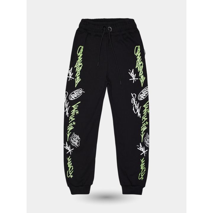 Pantalone tuta Sprayground nero vista frontale con graffiti bianchi e verdi