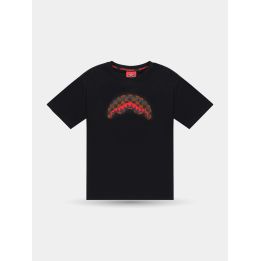 T-shirt Sprayground nera vista frontale con squalo a scacchi marroni