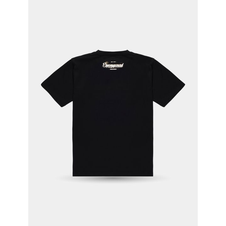 Retro della t-shirt nera con il logo Sprayground in corsivo sotto il collo