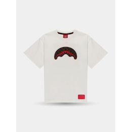 T-shirt Sprayground bianca vista frontale con squalo a scacchi marroni