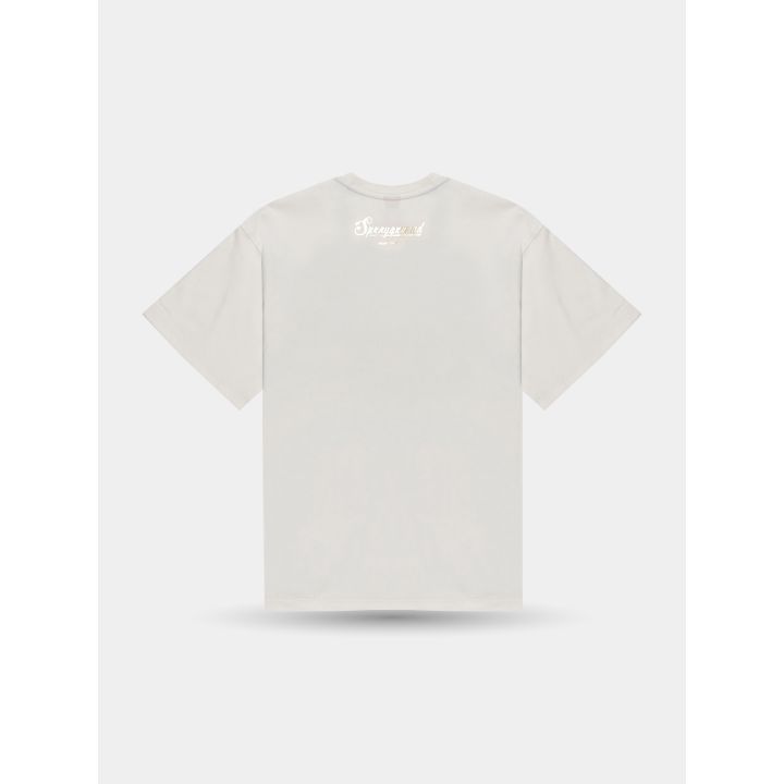 Retro della t-shirt bianca con il logo Sprayground oro sotto il collo