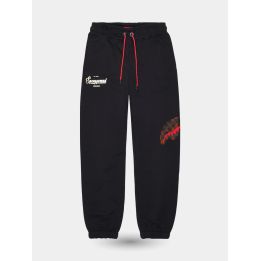 Pantalone tuta Sprayground nero vista frontale con logo e squalo a scacchi