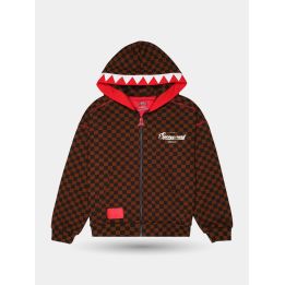 Felpa Sprayground con zip a scacchi marroni vista frontale con cappuccio a squalo