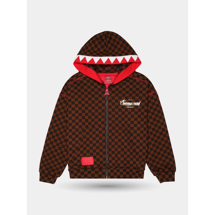 Felpa Sprayground con zip a scacchi marroni vista frontale con cappuccio a squalo
