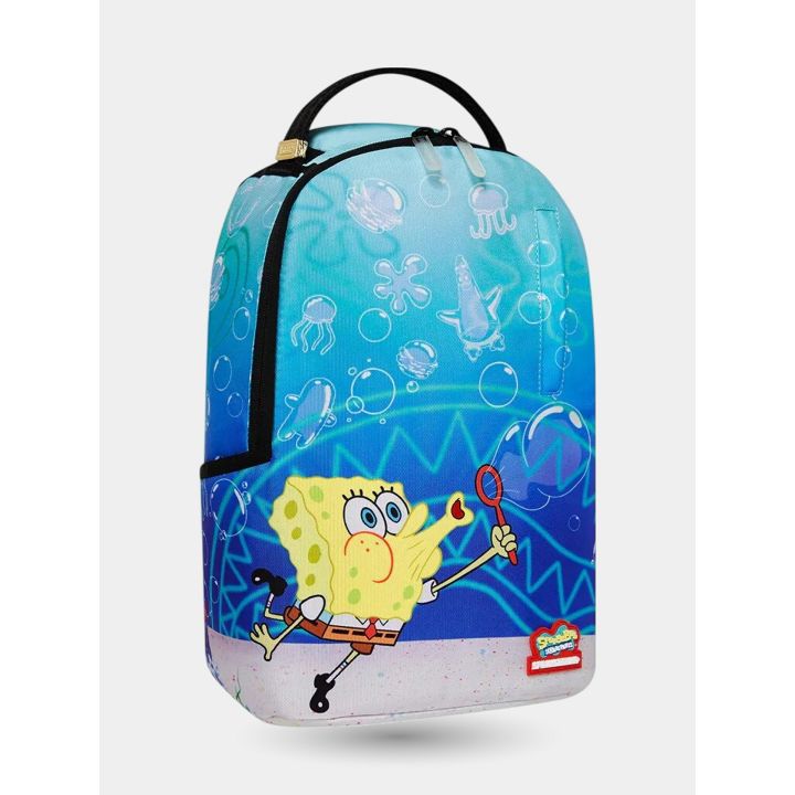 Zainetto SpongeBob visto di tre quarti con meduse e bolle sul fondo azzurro