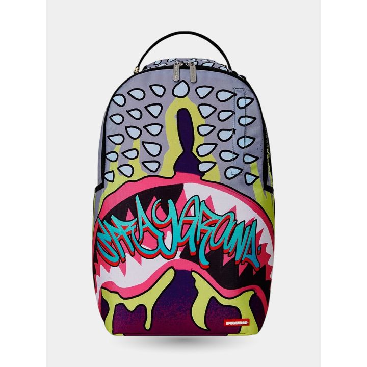 Zaino Sprayground Silver Punk vista frontale con bocca di squalo rosa e scritta graffiti