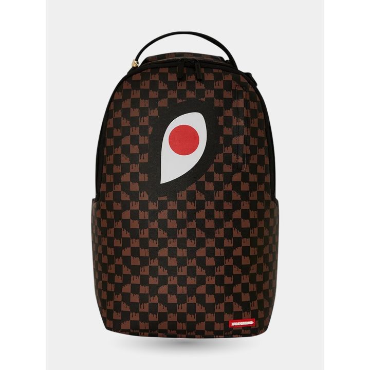 Zaino Sprayground marrone a scacchi One Eye vista frontale con occhio di squalo