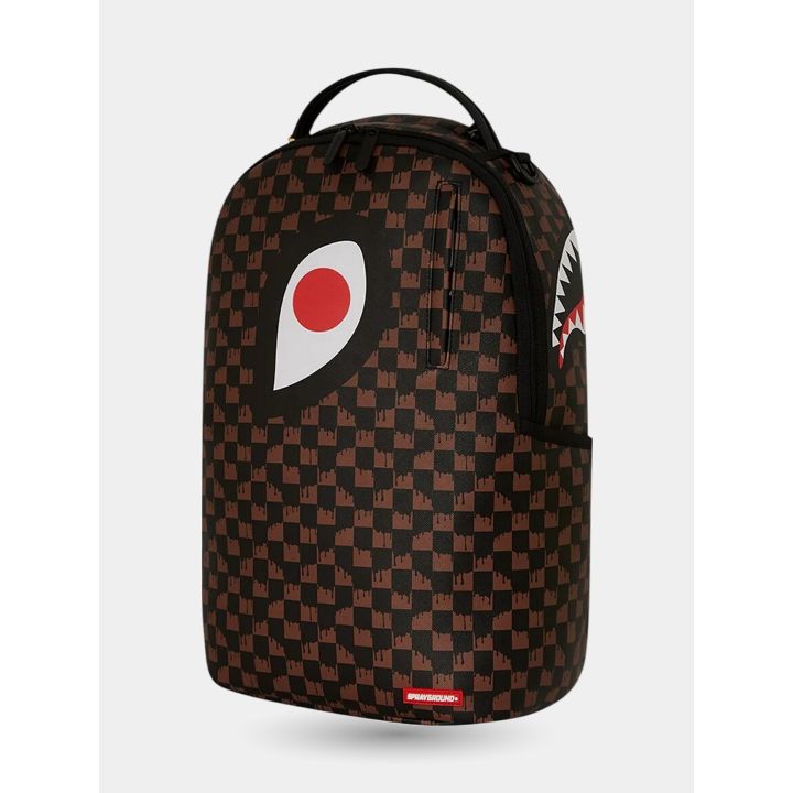Zaino Sprayground One Eye visto di tre quarti con occhio e bocca di squalo