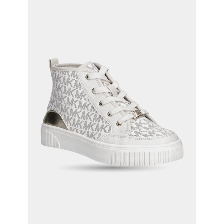 Sneakers alte bianche a monogramma MK vista di tre quarti