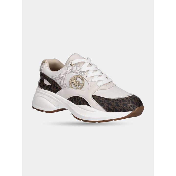 Sneakers Michael Kors beige e marroni vista laterale con logo MK dorato