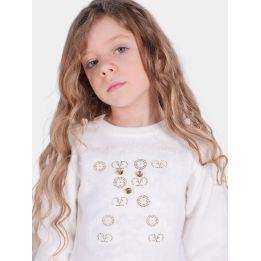 Abito FUN&FUN bianco in maglia, dettaglio del petto con brillantini dorati
