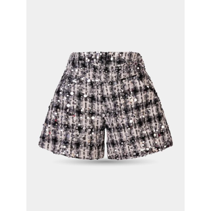 Shorts FUN&FUN a quadri bianchi e neri con paillettes vista frontale