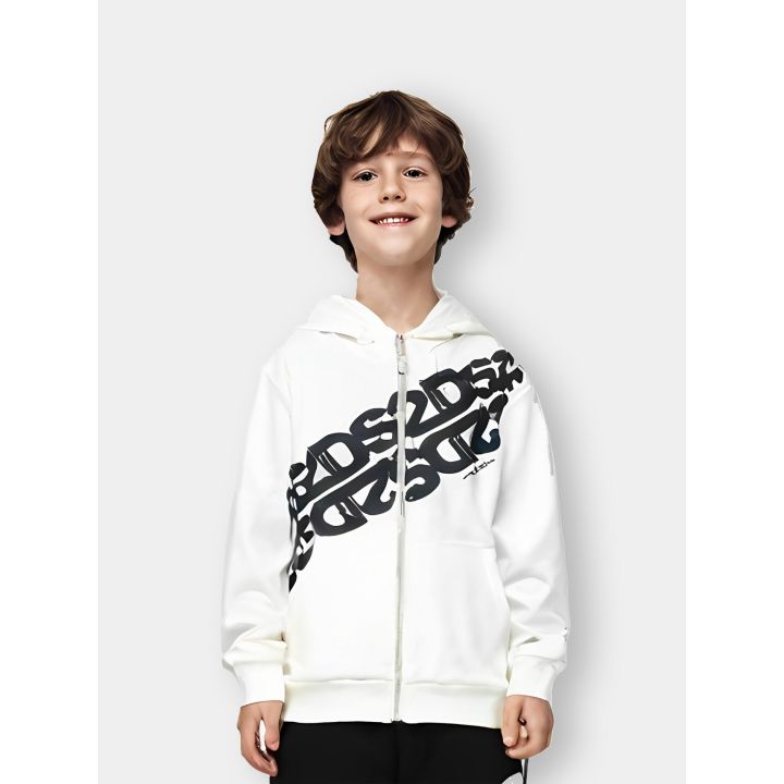 Felpa DS2 bianca con zip e cappuccio e fascia di loghi neri in diagonale