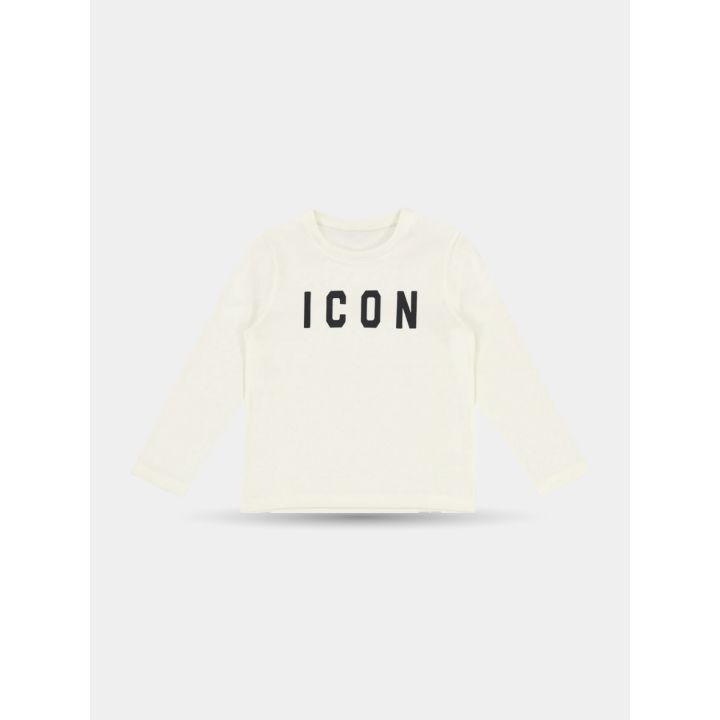 T-shirt ICON bianca a manica lunga da bambino con logo nero