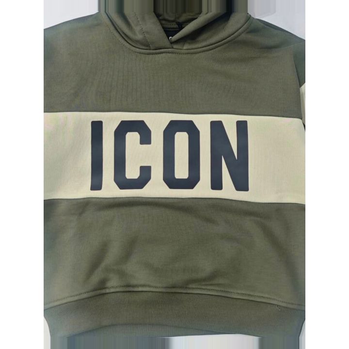 Fascia beige con maxi logo ICON nero sul petto della felpa verde