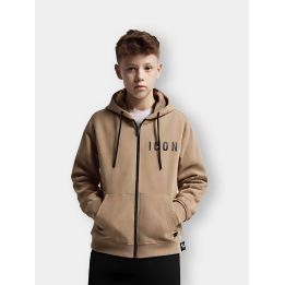 Felpa ICON marrone tabacco con zip e cappuccio indossata da un ragazzo
