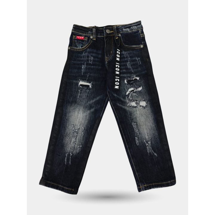 Jeans ICON neri da bambino vista frontale con strappi e nastro logato