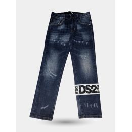 Jeans DS2 blu vista frontale con banda bianca e logo sulla gamba
