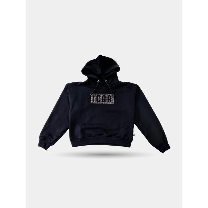 Felpa crop con cappuccio ICON nera vista frontale con logo in strass