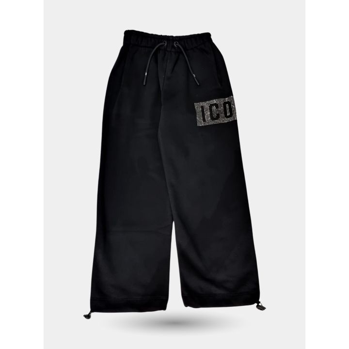 Pantalone ICON nero a gamba larga con logo in strass
