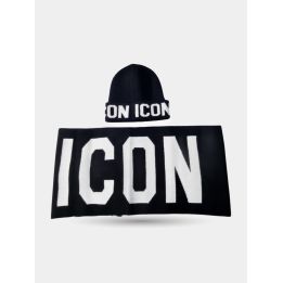 Cappello ICON nero con risvolto logato e sciarpa con maxi logo bianco