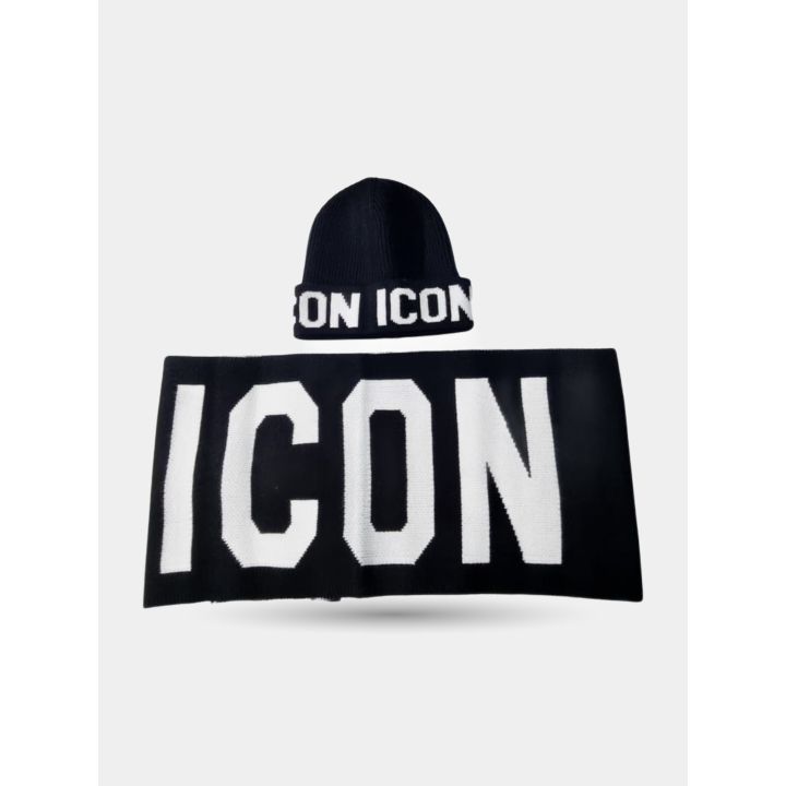 Cappello ICON nero con risvolto logato e sciarpa con maxi logo bianco