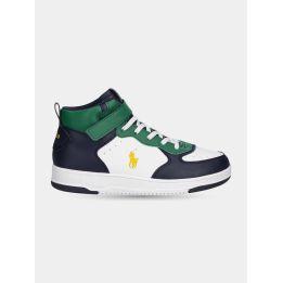 Sneakers alte Polo Ralph Lauren bianche, blu e verdi con pony giallo, vista laterale