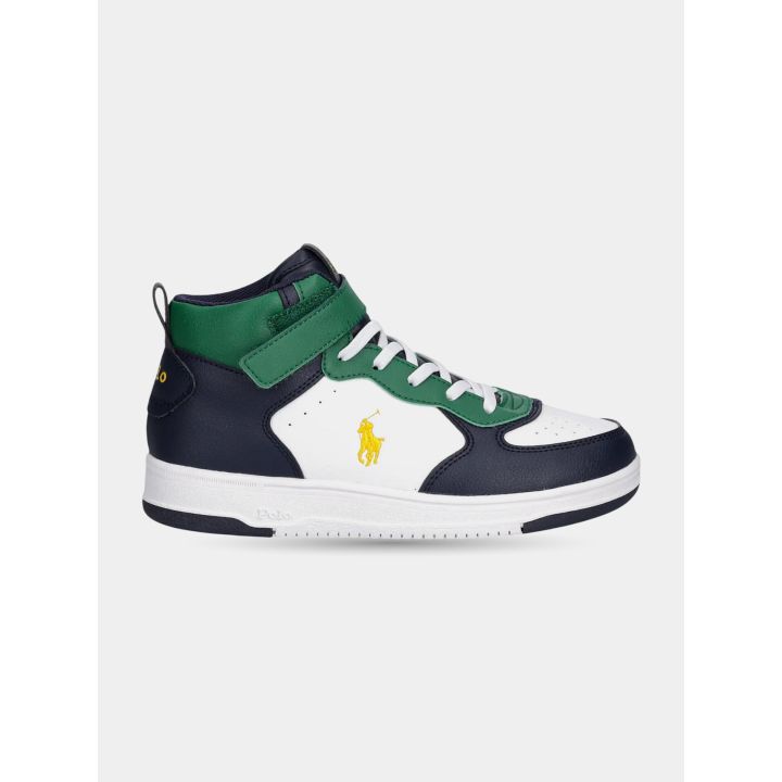 Sneakers alte Polo Ralph Lauren bianche, blu e verdi con pony giallo, vista laterale