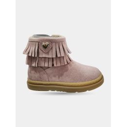 Stivaletto Walkey rosa in camoscio con frange e cuore dorato, vista laterale