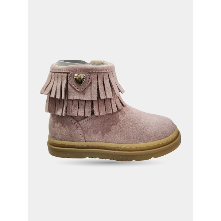 Stivaletto Walkey rosa in camoscio con frange e cuore dorato, vista laterale
