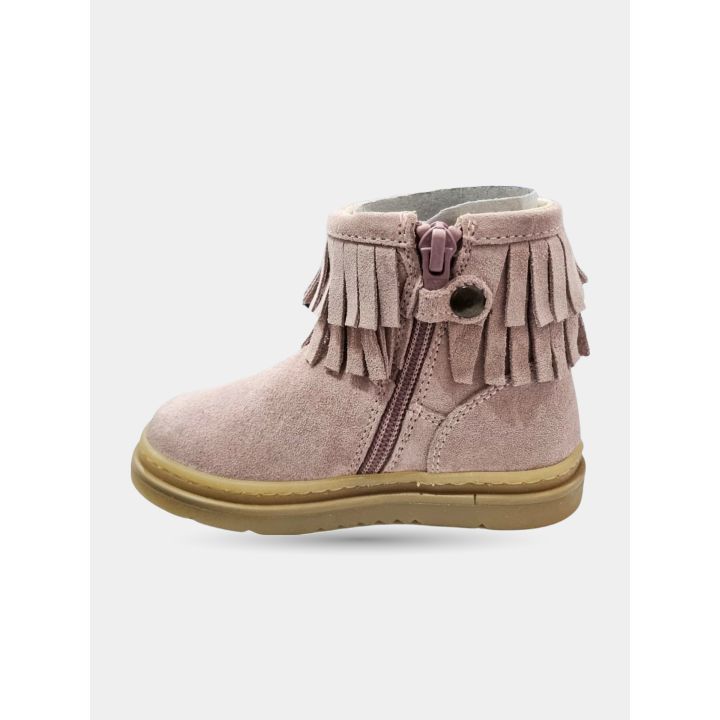Lato interno dello stivaletto Walkey rosa con la zip e le frange
