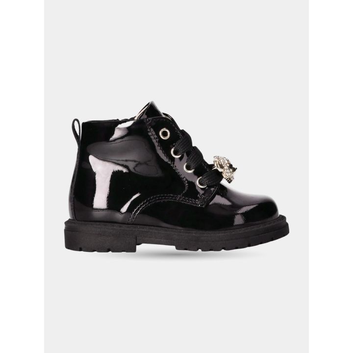 Stivaletto Walkey nero lucido da bambina con charm in strass, vista laterale