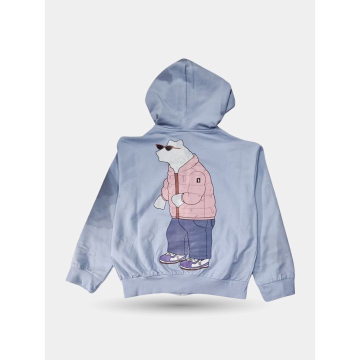 Retro della felpa celeste con cappuccio e orso stampato con piumino rosa