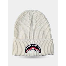 Cappello Sprayground bianco con risvolto vista frontale con squalo ricamato