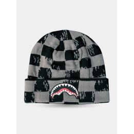 Cappello Sprayground a scacchi grigi e neri vista frontale con squalo