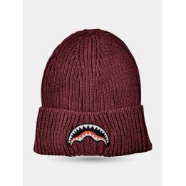 Cappello Sprayground bordeaux con risvolto vista frontale con squalo