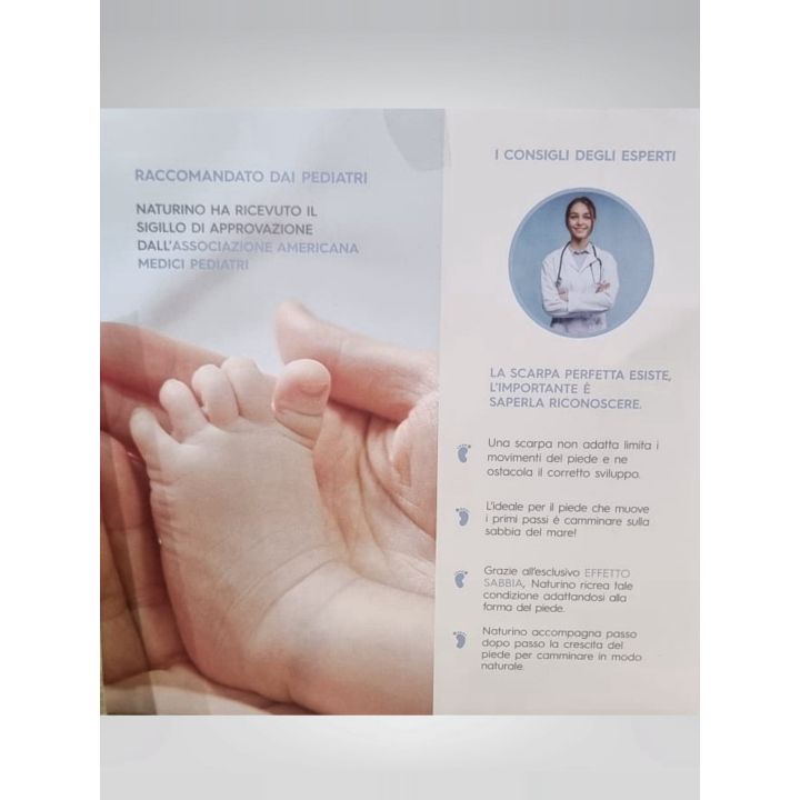 Pagina informativa Naturino con i consigli dei pediatri, scarpa rosa