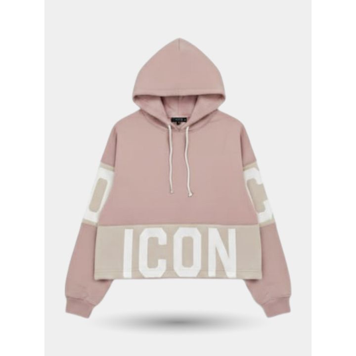 Felpa con cappuccio ICON rosa con maxi logo bianco su fascia crema