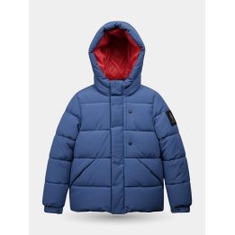 Giubbotto Refrigue blu da bambino con cappuccio foderato rosso, vista frontale