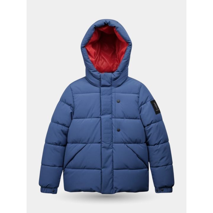Giubbotto Refrigue blu da bambino con cappuccio foderato rosso, vista frontale