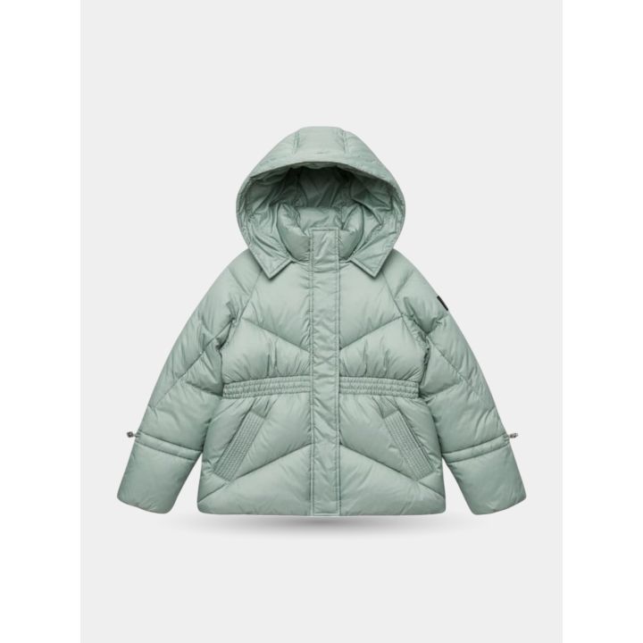 Giubbotto Refrigue verde menta da bambina con cappuccio, vista frontale