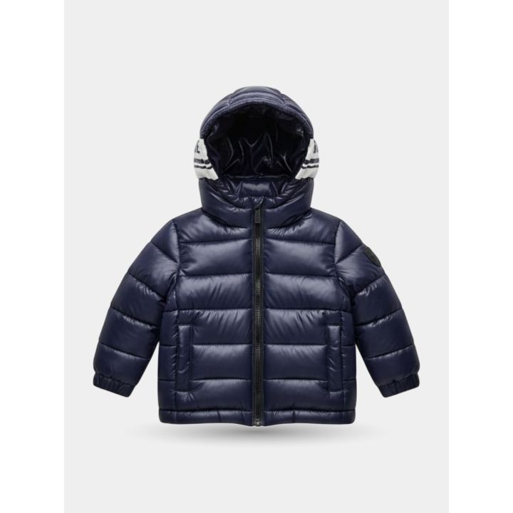 Giubbotto Refrigue blu navy lucido da neonato con cappuccio, vista frontale