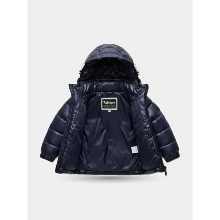 Giubbotto blu navy aperto con l'interno lucido e l'etichetta Refrigue