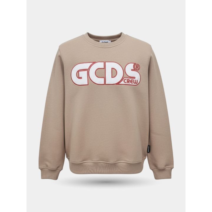 Felpa girocollo GCDS fango vista frontale con maxi logo Crew