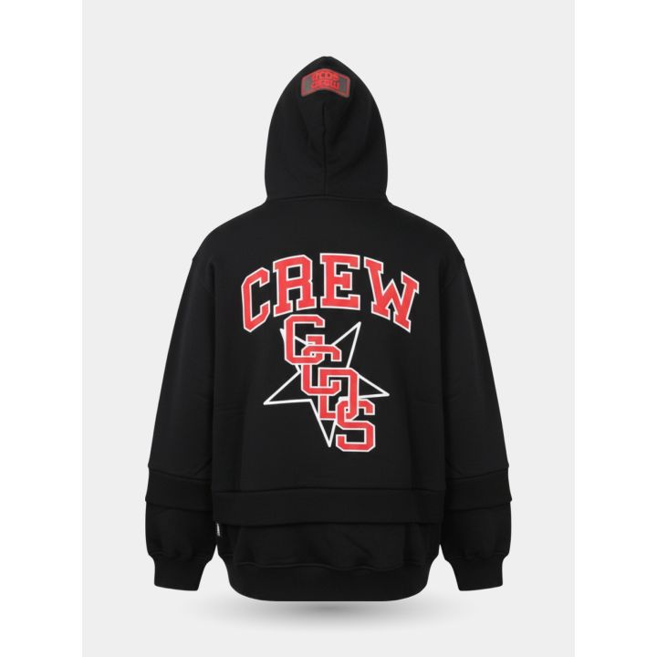 Retro della felpa GCDS nera con scritta Crew rossa e stella