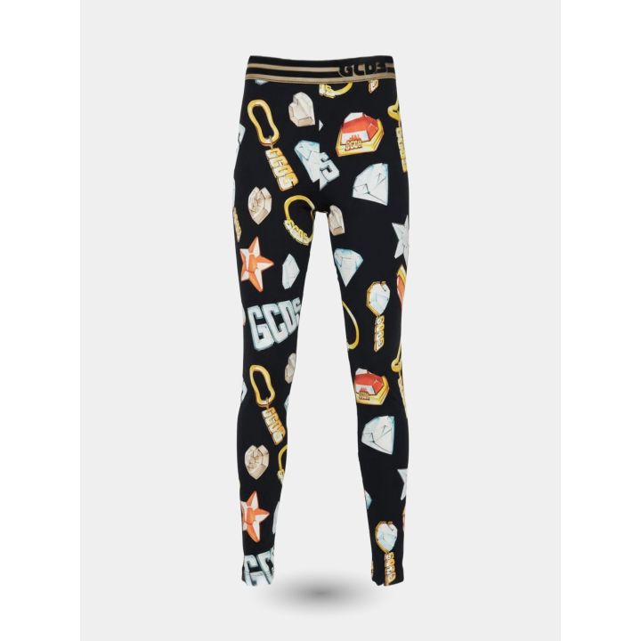 Leggings GCDS neri vista frontale con stampa gioielli multicolore