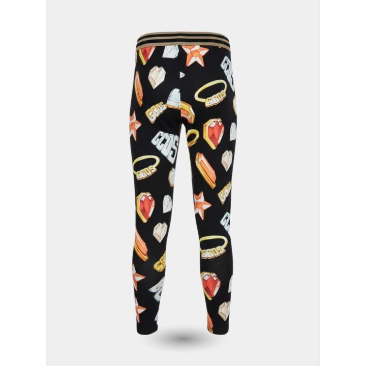 Retro dei leggings GCDS neri con diamanti, anelli e fascia a righe in vita