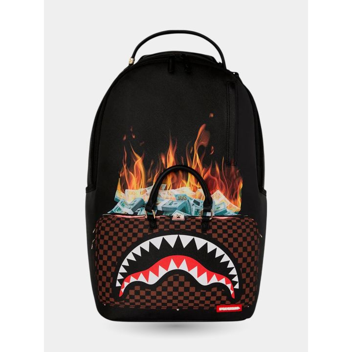 Zaino Sprayground nero vista frontale con borsa di soldi in fiamme e bocca di squalo