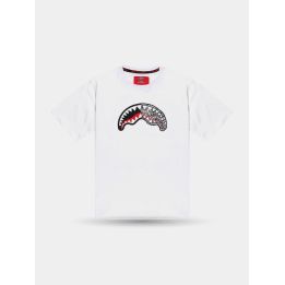 T-shirt Sprayground bianca vista frontale con squalo effetto schizzo
