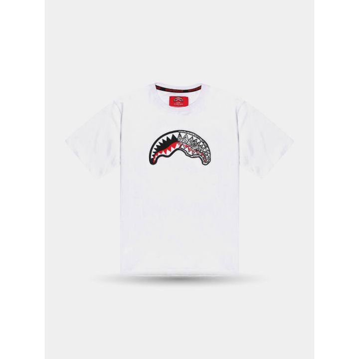 T-shirt Sprayground bianca vista frontale con squalo effetto schizzo